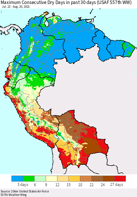 Northern South America Maximum Consecutive Dry Days in past 30 days (USAF 557th WW) 08/20/2021 Thematic Map For 8/16/2021 - 8/20/2021