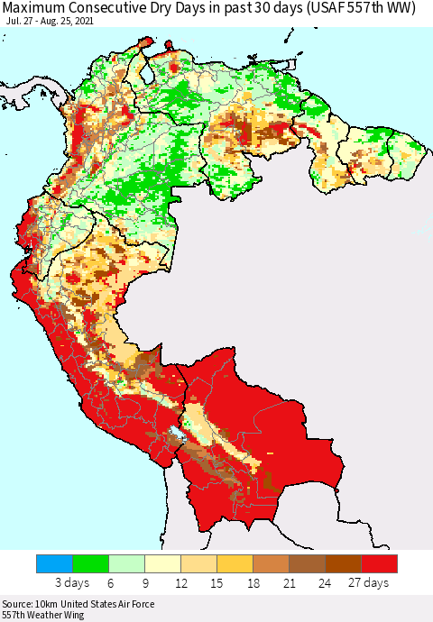 Northern South America Maximum Consecutive Dry Days in past 30 days (USAF 557th WW) 08/25/2021 Thematic Map For 8/21/2021 - 8/25/2021