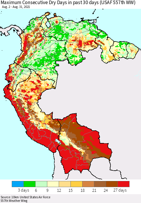 Northern South America Maximum Consecutive Dry Days in past 30 days (USAF 557th WW) 08/31/2021 Thematic Map For 8/26/2021 - 8/31/2021