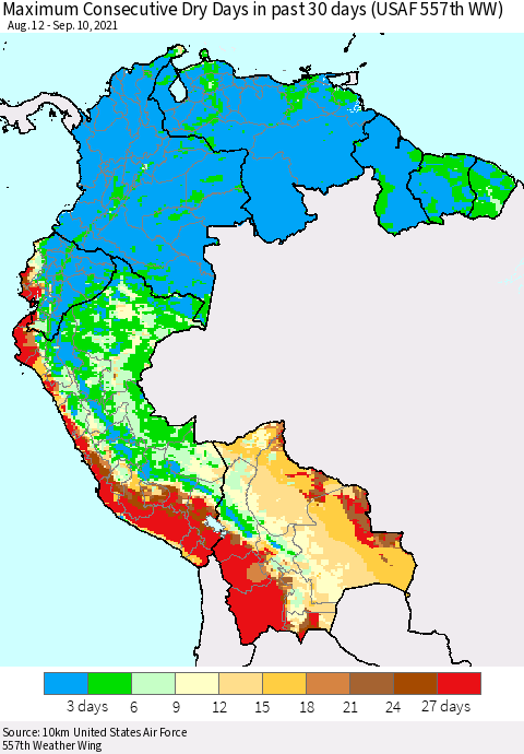 Northern South America Maximum Consecutive Dry Days in past 30 days (USAF 557th WW) 09/10/2021 Thematic Map For 9/6/2021 - 9/10/2021