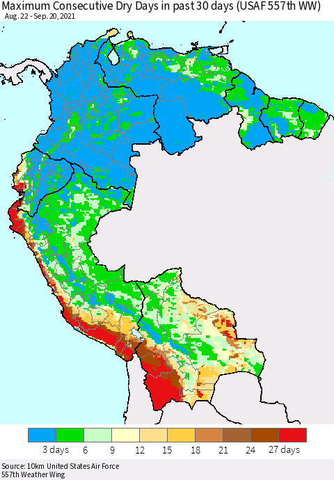 Northern South America Maximum Consecutive Dry Days in past 30 days (USAF 557th WW) 09/20/2021 Thematic Map For 9/16/2021 - 9/20/2021