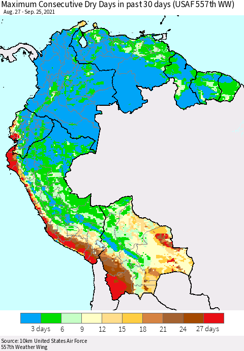 Northern South America Maximum Consecutive Dry Days in past 30 days (USAF 557th WW) 09/25/2021 Thematic Map For 9/21/2021 - 9/25/2021