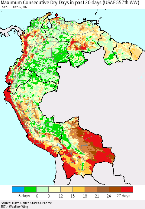 Northern South America Maximum Consecutive Dry Days in past 30 days (USAF 557th WW) 10/05/2021 Thematic Map For 10/1/2021 - 10/5/2021