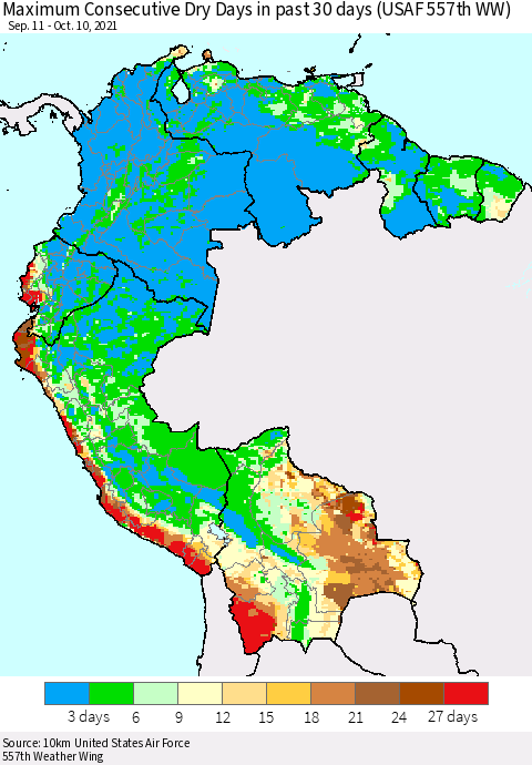 Northern South America Maximum Consecutive Dry Days in past 30 days (USAF 557th WW) 10/10/2021 Thematic Map For 10/6/2021 - 10/10/2021
