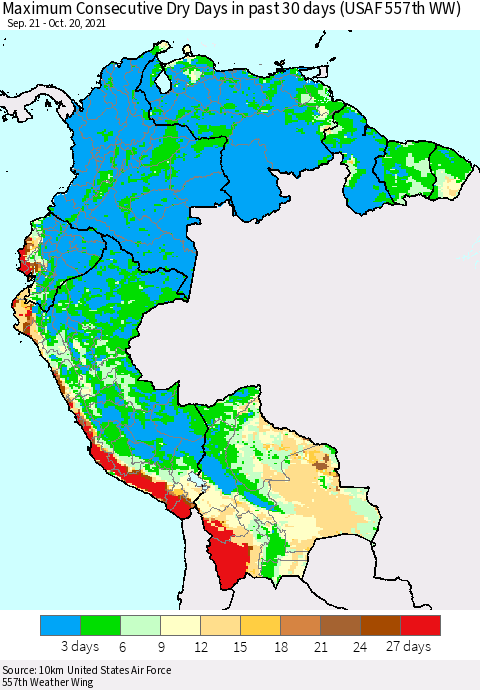 Northern South America Maximum Consecutive Dry Days in past 30 days (USAF 557th WW) 10/20/2021 Thematic Map For 10/16/2021 - 10/20/2021