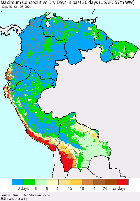 Northern South America Maximum Consecutive Dry Days in past 30 days (USAF 557th WW) 10/25/2021 Thematic Map For 10/21/2021 - 10/25/2021