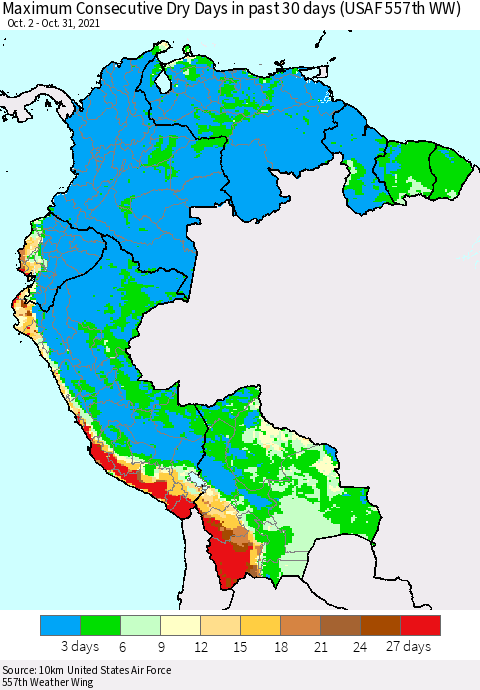 Northern South America Maximum Consecutive Dry Days in past 30 days (USAF 557th WW) 10/31/2021 Thematic Map For 10/26/2021 - 10/31/2021