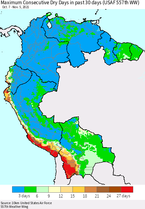 Northern South America Maximum Consecutive Dry Days in past 30 days (USAF 557th WW) 11/05/2021 Thematic Map For 11/1/2021 - 11/5/2021
