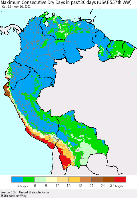 Northern South America Maximum Consecutive Dry Days in past 30 days (USAF 557th WW) 11/10/2021 Thematic Map For 11/6/2021 - 11/10/2021