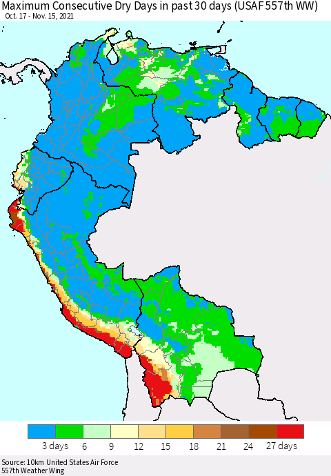 Northern South America Maximum Consecutive Dry Days in past 30 days (USAF 557th WW) 11/15/2021 Thematic Map For 11/11/2021 - 11/15/2021