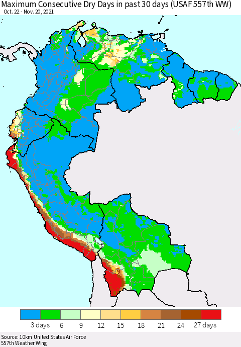 Northern South America Maximum Consecutive Dry Days in past 30 days (USAF 557th WW) 11/20/2021 Thematic Map For 11/16/2021 - 11/20/2021