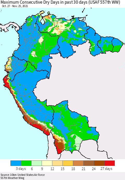 Northern South America Maximum Consecutive Dry Days in past 30 days (USAF 557th WW) 11/25/2021 Thematic Map For 11/21/2021 - 11/25/2021