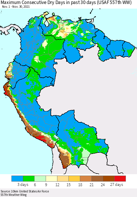 Northern South America Maximum Consecutive Dry Days in past 30 days (USAF 557th WW) 11/30/2021 Thematic Map For 11/26/2021 - 11/30/2021