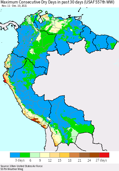 Northern South America Maximum Consecutive Dry Days in past 30 days (USAF 557th WW) 12/10/2021 Thematic Map For 12/6/2021 - 12/10/2021