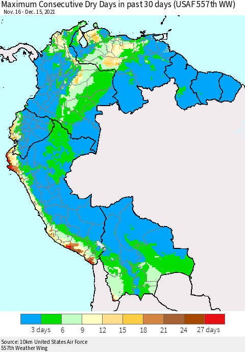 Northern South America Maximum Consecutive Dry Days in past 30 days (USAF 557th WW) 12/15/2021 Thematic Map For 12/11/2021 - 12/15/2021