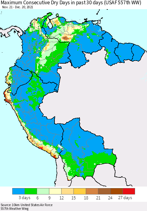 Northern South America Maximum Consecutive Dry Days in past 30 days (USAF 557th WW) 12/20/2021 Thematic Map For 12/16/2021 - 12/20/2021