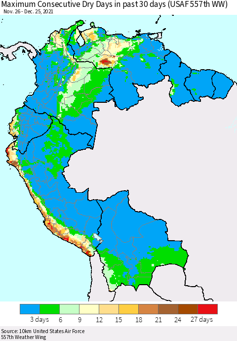 Northern South America Maximum Consecutive Dry Days in past 30 days (USAF 557th WW) 12/25/2021 Thematic Map For 12/21/2021 - 12/25/2021
