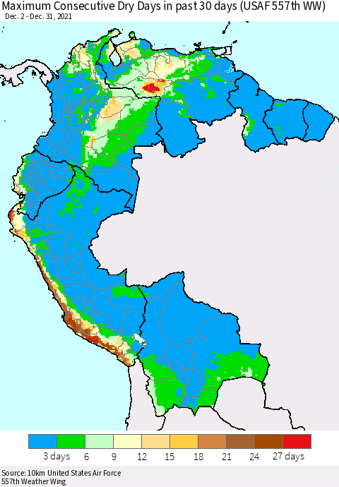 Northern South America Maximum Consecutive Dry Days in past 30 days (USAF 557th WW) 12/31/2021 Thematic Map For 12/26/2021 - 12/31/2021