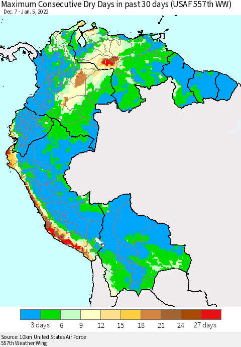 Northern South America Maximum Consecutive Dry Days in past 30 days (USAF 557th WW) 01/05/2022 Thematic Map For 1/1/2022 - 1/5/2022