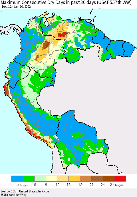 Northern South America Maximum Consecutive Dry Days in past 30 days (USAF 557th WW) 01/10/2022 Thematic Map For 1/6/2022 - 1/10/2022
