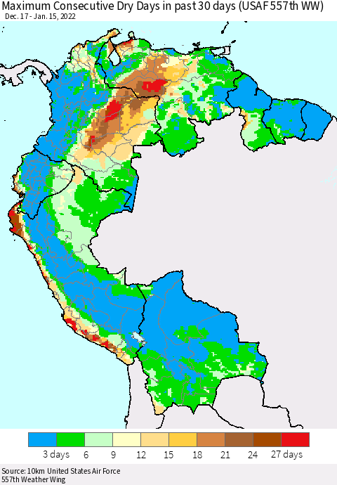 Northern South America Maximum Consecutive Dry Days in past 30 days (USAF 557th WW) 01/15/2022 Thematic Map For 1/11/2022 - 1/15/2022