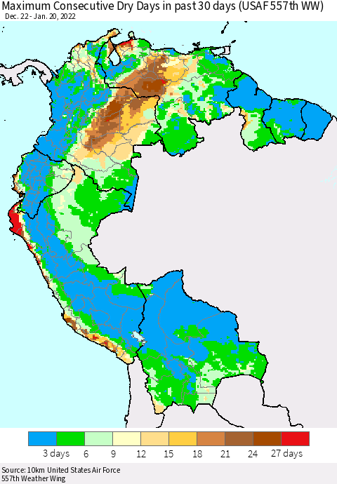 Northern South America Maximum Consecutive Dry Days in past 30 days (USAF 557th WW) 01/20/2022 Thematic Map For 1/16/2022 - 1/20/2022
