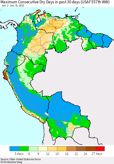 Northern South America Maximum Consecutive Dry Days in past 30 days (USAF 557th WW) 01/31/2022 Thematic Map For 1/26/2022 - 1/31/2022