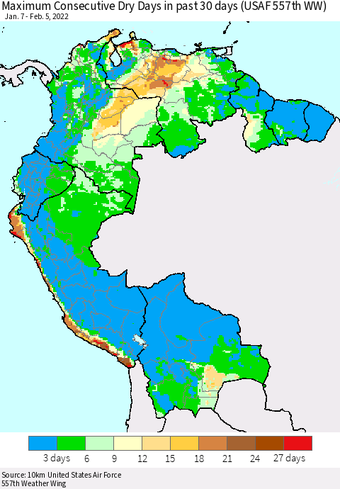 Northern South America Maximum Consecutive Dry Days in past 30 days (USAF 557th WW) 02/05/2022 Thematic Map For 2/1/2022 - 2/5/2022