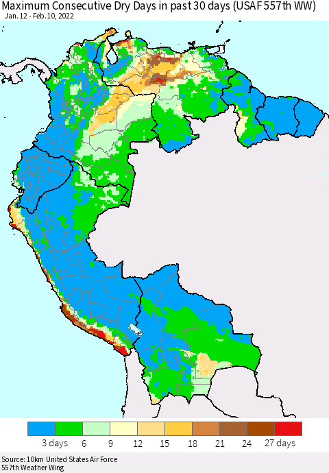 Northern South America Maximum Consecutive Dry Days in past 30 days (USAF 557th WW) 02/10/2022 Thematic Map For 2/6/2022 - 2/10/2022