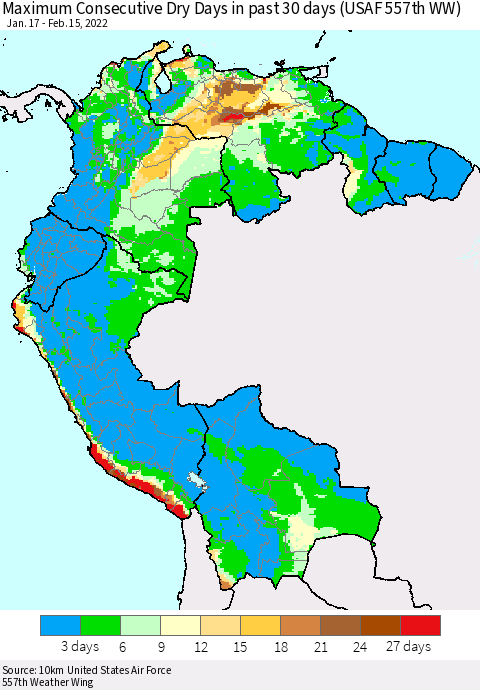 Northern South America Maximum Consecutive Dry Days in past 30 days (USAF 557th WW) 02/15/2022 Thematic Map For 2/11/2022 - 2/15/2022