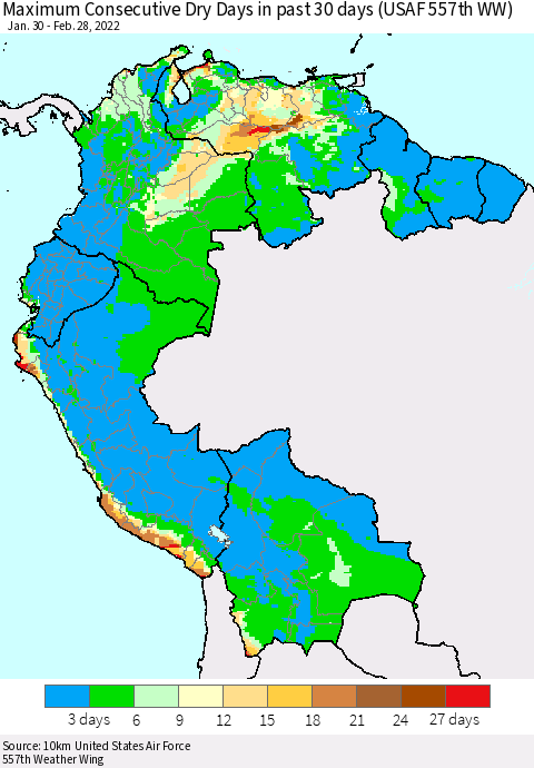 Northern South America Maximum Consecutive Dry Days in past 30 days (USAF 557th WW) 02/28/2022 Thematic Map For 2/26/2022 - 2/28/2022