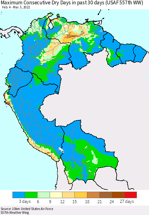 Northern South America Maximum Consecutive Dry Days in past 30 days (USAF 557th WW) 03/05/2022 Thematic Map For 3/1/2022 - 3/5/2022