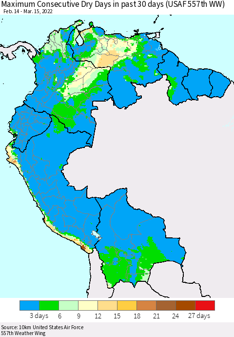 Northern South America Maximum Consecutive Dry Days in past 30 days (USAF 557th WW) 03/15/2022 Thematic Map For 3/11/2022 - 3/15/2022