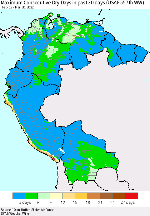 Northern South America Maximum Consecutive Dry Days in past 30 days (USAF 557th WW) 03/20/2022 Thematic Map For 3/16/2022 - 3/20/2022
