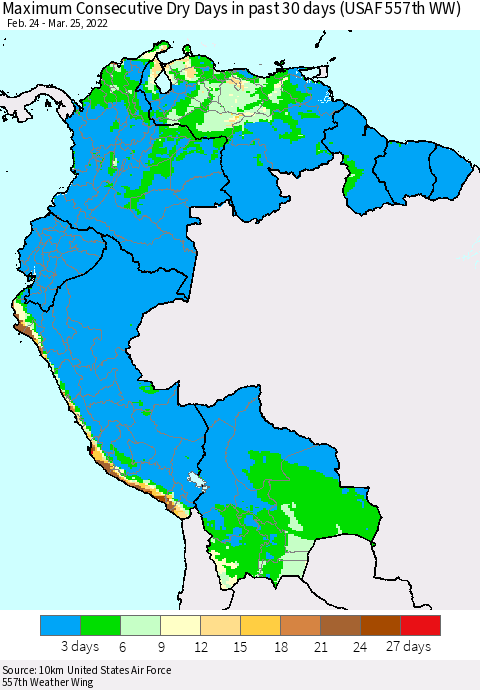 Northern South America Maximum Consecutive Dry Days in past 30 days (USAF 557th WW) 03/25/2022 Thematic Map For 3/21/2022 - 3/25/2022