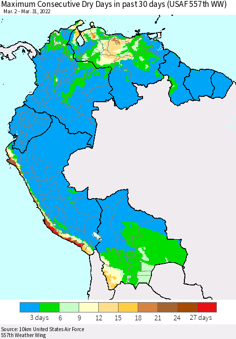 Northern South America Maximum Consecutive Dry Days in past 30 days (USAF 557th WW) 03/31/2022 Thematic Map For 3/26/2022 - 3/31/2022