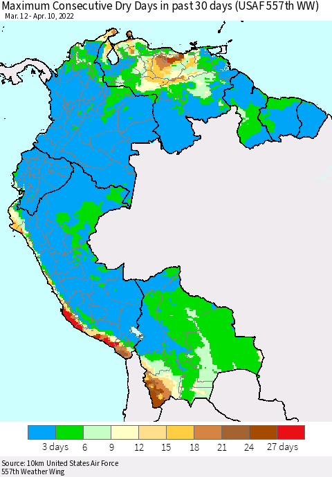 Northern South America Maximum Consecutive Dry Days in past 30 days (USAF 557th WW) 04/10/2022 Thematic Map For 4/6/2022 - 4/10/2022