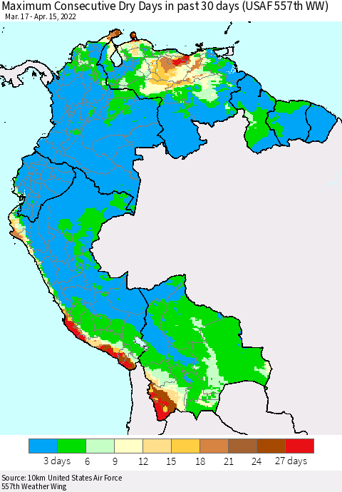 Northern South America Maximum Consecutive Dry Days in past 30 days (USAF 557th WW) 04/15/2022 Thematic Map For 4/11/2022 - 4/15/2022