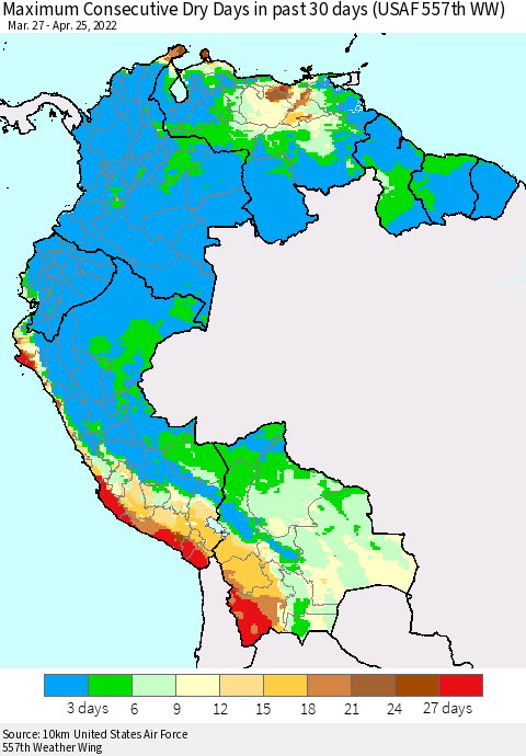 Northern South America Maximum Consecutive Dry Days in past 30 days (USAF 557th WW) 04/25/2022 Thematic Map For 4/21/2022 - 4/25/2022