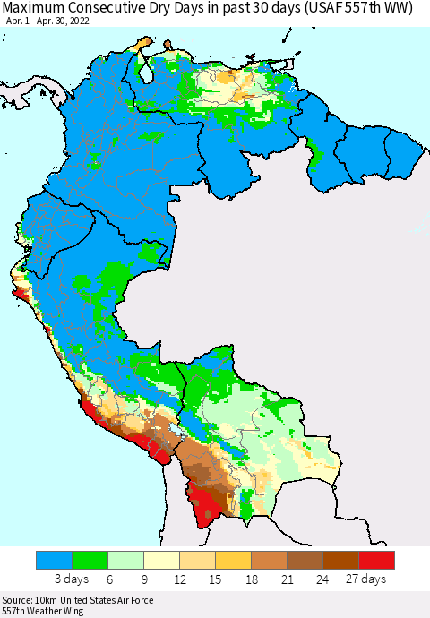 Northern South America Maximum Consecutive Dry Days in past 30 days (USAF 557th WW) 04/30/2022 Thematic Map For 4/26/2022 - 4/30/2022