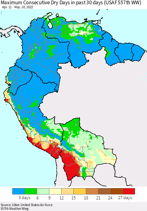 Northern South America Maximum Consecutive Dry Days in past 30 days (USAF 557th WW) 05/10/2022 Thematic Map For 5/6/2022 - 5/10/2022
