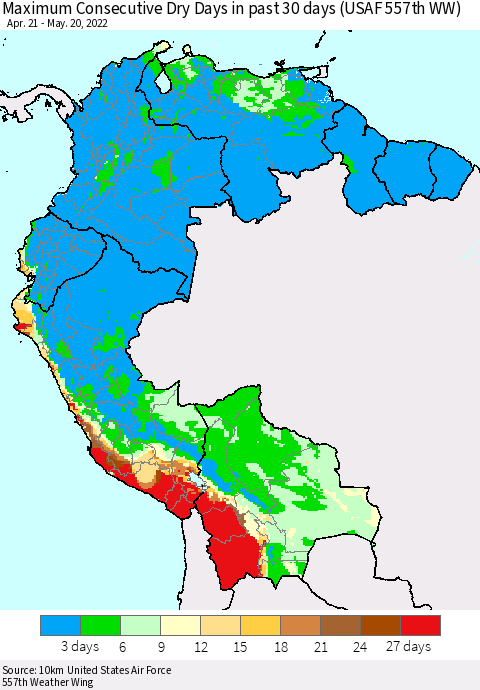 Northern South America Maximum Consecutive Dry Days in past 30 days (USAF 557th WW) 05/20/2022 Thematic Map For 5/16/2022 - 5/20/2022