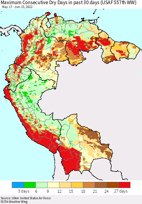Northern South America Maximum Consecutive Dry Days in past 30 days (USAF 557th WW) 06/15/2022 Thematic Map For 6/11/2022 - 6/15/2022
