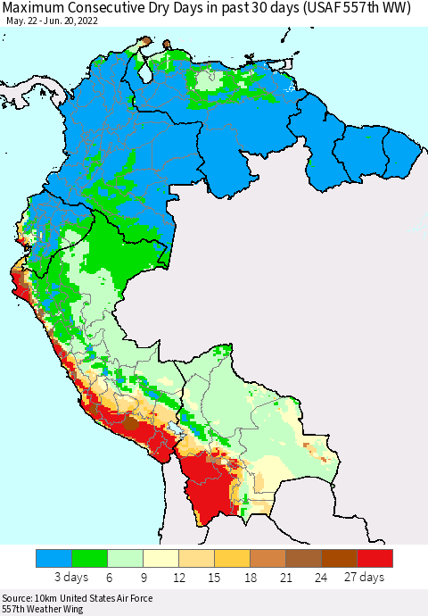 Northern South America Maximum Consecutive Dry Days in past 30 days (USAF 557th WW) 06/20/2022 Thematic Map For 6/16/2022 - 6/20/2022