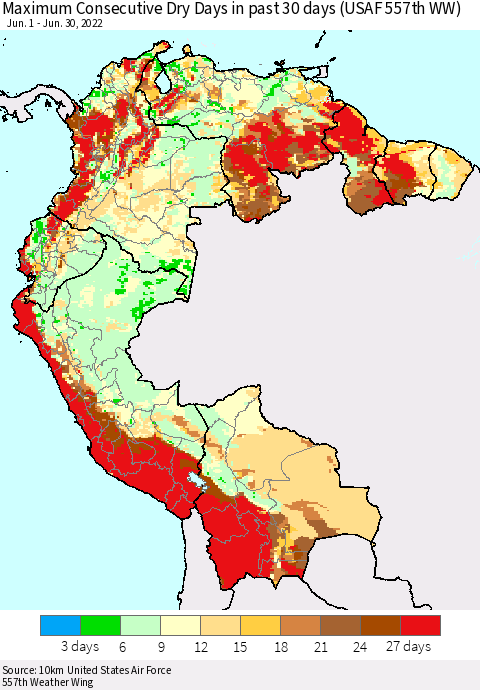 Northern South America Maximum Consecutive Dry Days in past 30 days (USAF 557th WW) 06/30/2022 Thematic Map For 6/26/2022 - 6/30/2022