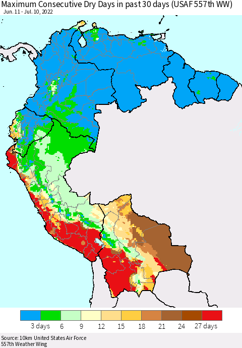 Northern South America Maximum Consecutive Dry Days in past 30 days (USAF 557th WW) 07/10/2022 Thematic Map For 7/6/2022 - 7/10/2022