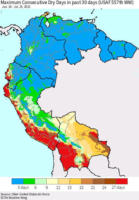 Northern South America Maximum Consecutive Dry Days in past 30 days (USAF 557th WW) 07/25/2022 Thematic Map For 7/21/2022 - 7/25/2022