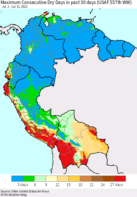 Northern South America Maximum Consecutive Dry Days in past 30 days (USAF 557th WW) 07/31/2022 Thematic Map For 7/26/2022 - 7/31/2022