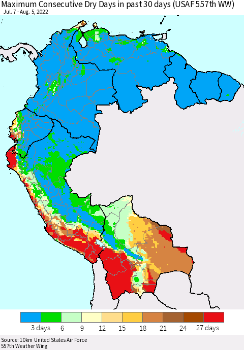 Northern South America Maximum Consecutive Dry Days in past 30 days (USAF 557th WW) 08/05/2022 Thematic Map For 8/1/2022 - 8/5/2022