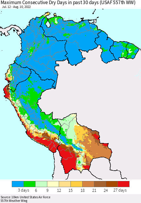 Northern South America Maximum Consecutive Dry Days in past 30 days (USAF 557th WW) 08/10/2022 Thematic Map For 8/6/2022 - 8/10/2022